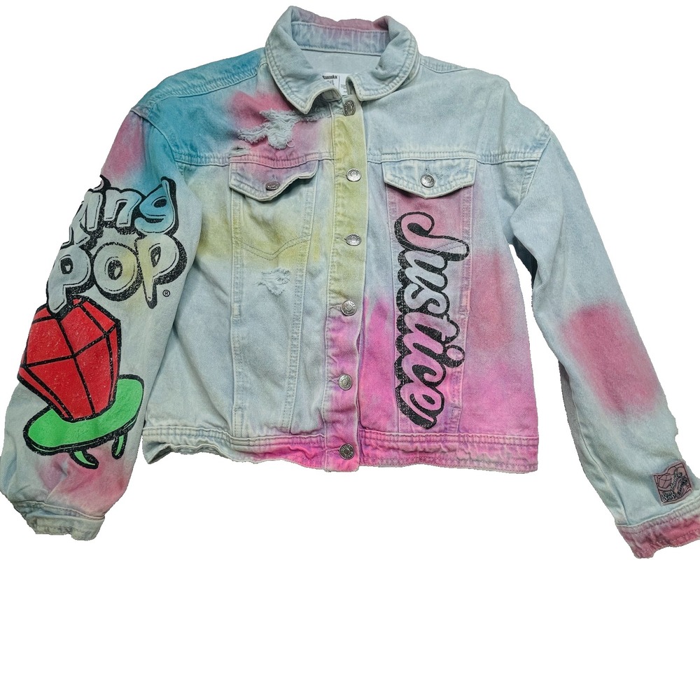 Justice x Ring Pop Denim Jacket Girls MED 10 Tie Dye Distressed Trucker 757421